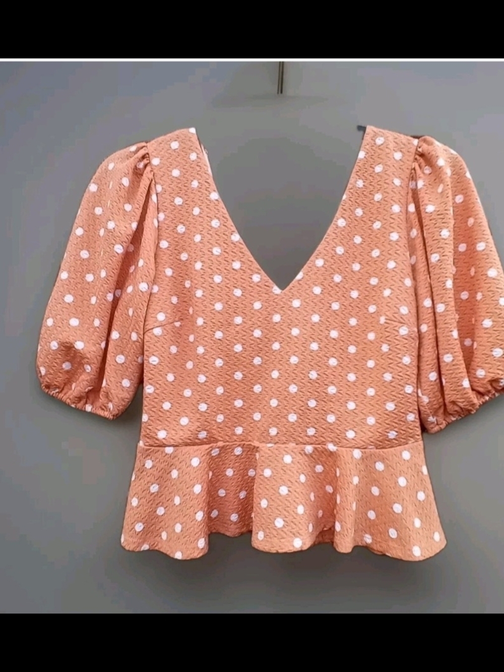 meraki Peach Polka Dot V‑Neck Peplum Blouse